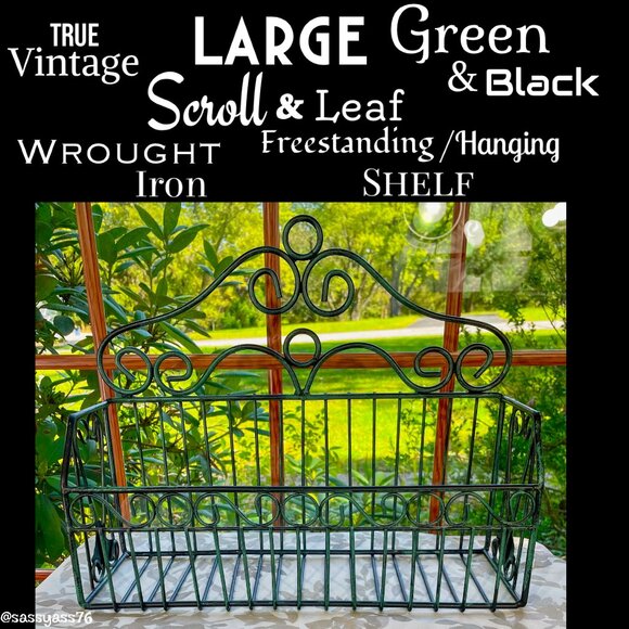 🆕VTG▪️Large Green & Black Scroll Leaf Wrought Iron Freestanding Hanging Shelf - Picture 1 of 7
